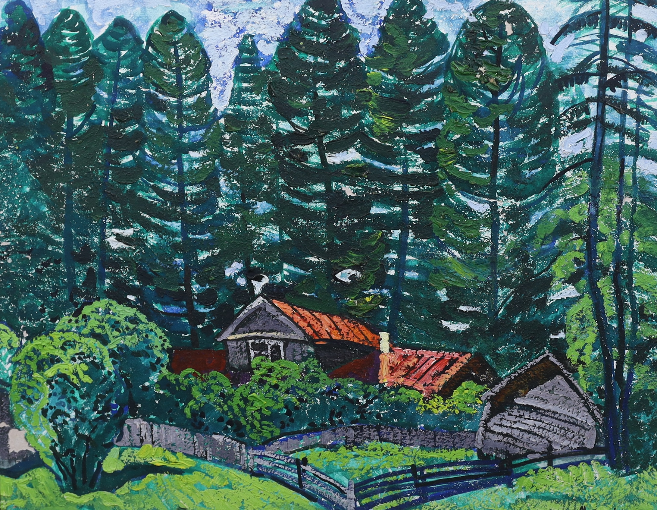 Yuri Matushevski (1930-1999) Framhouse in a woodland clearing 21.5 x 27in.